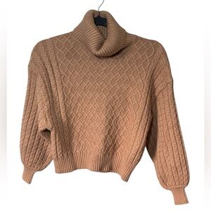 T Tahari Cable Knit Turtleneck Sweater Camel Brown XS Chunky Ribbed
